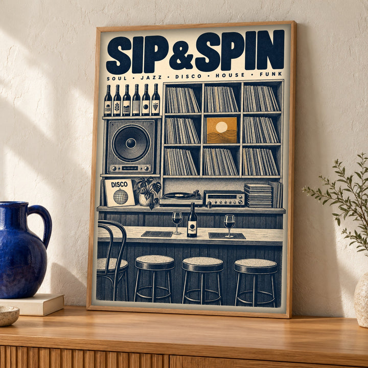 Music poster, Sip & Spin Vinyl Bar, Retro decor