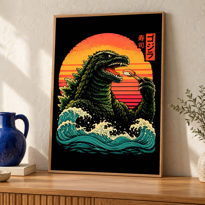 Japanese wall art, Godzilla sushi, retro poster
