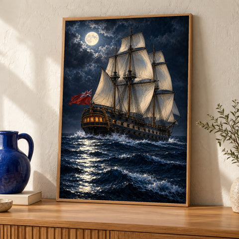 Ship painting — British Warship under Moonlight — Framed room mockup