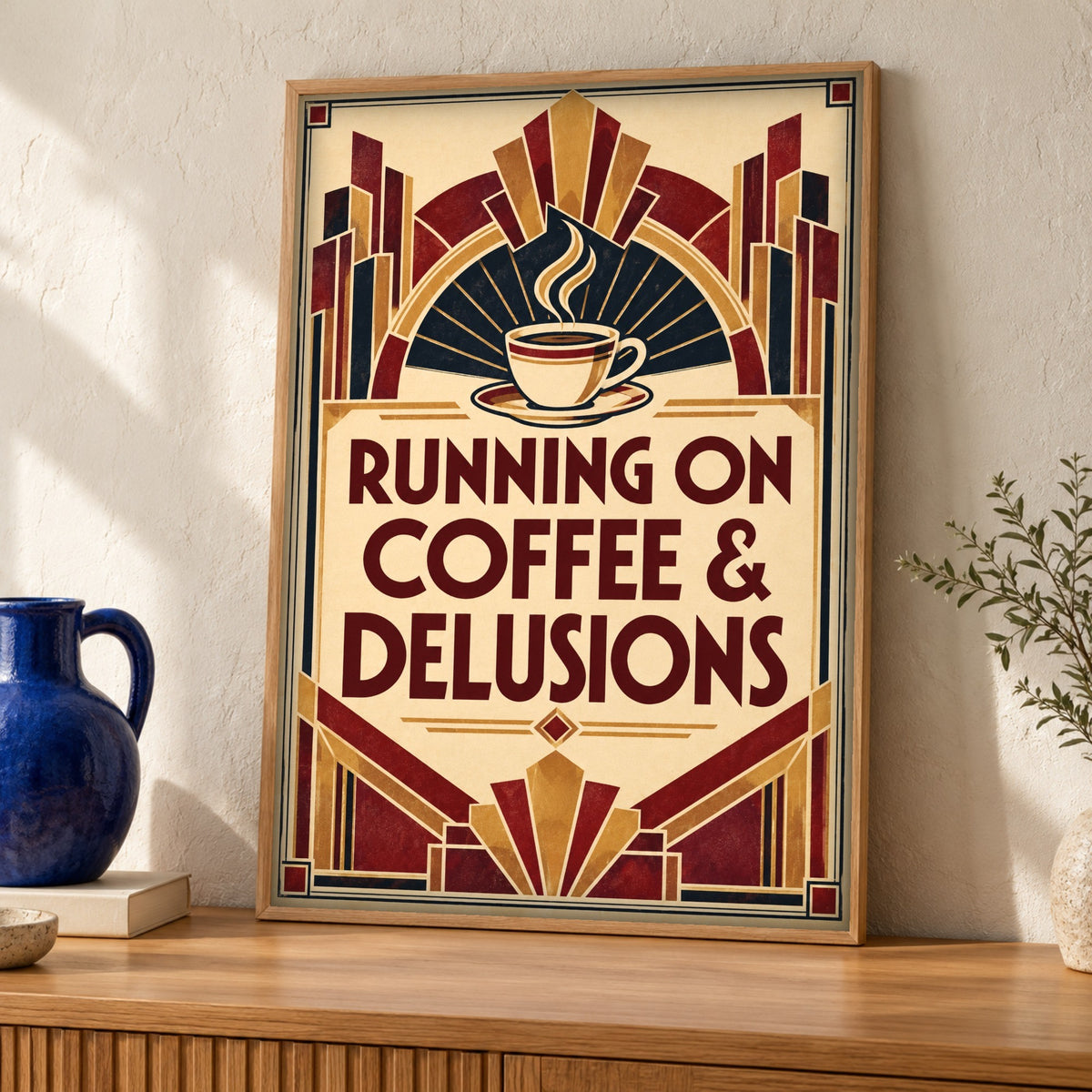 Retro poster — Running on Coffee & Delusions — Framed room mockup