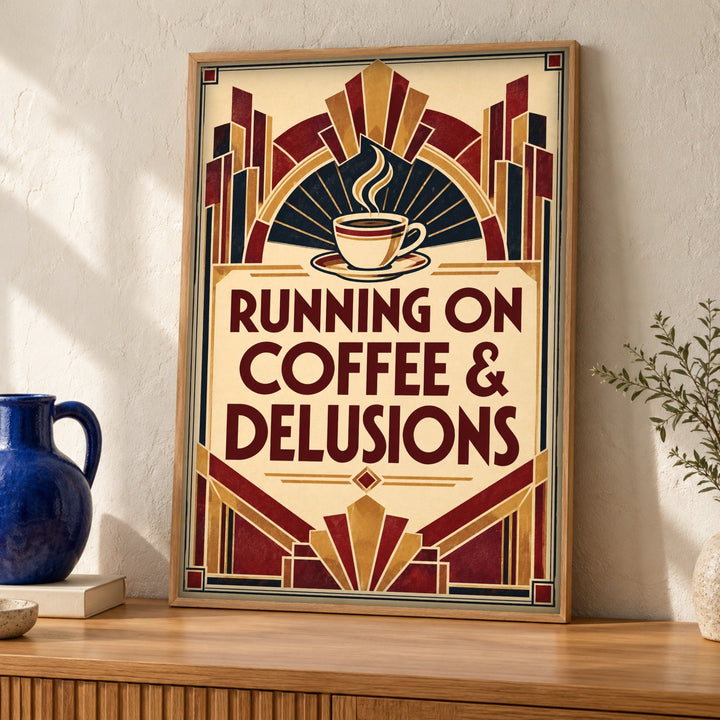 Retro poster, Running on Coffee & Delusions, Kitchen decor