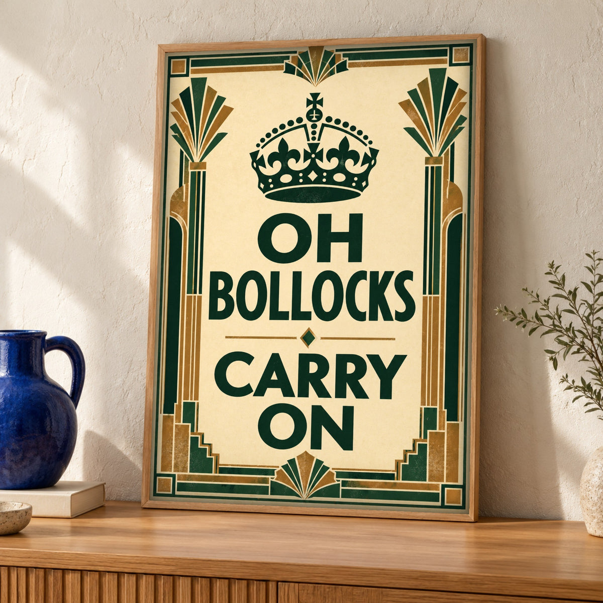 Cheeky wall art — Oh Bollocks Carry On — Framed room mockup