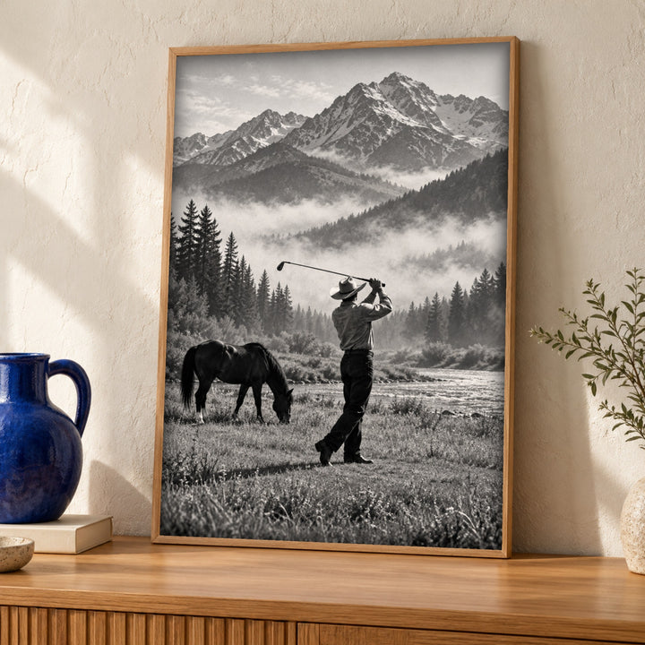 Western wall art, Cowboy Golfer, Mountain Print