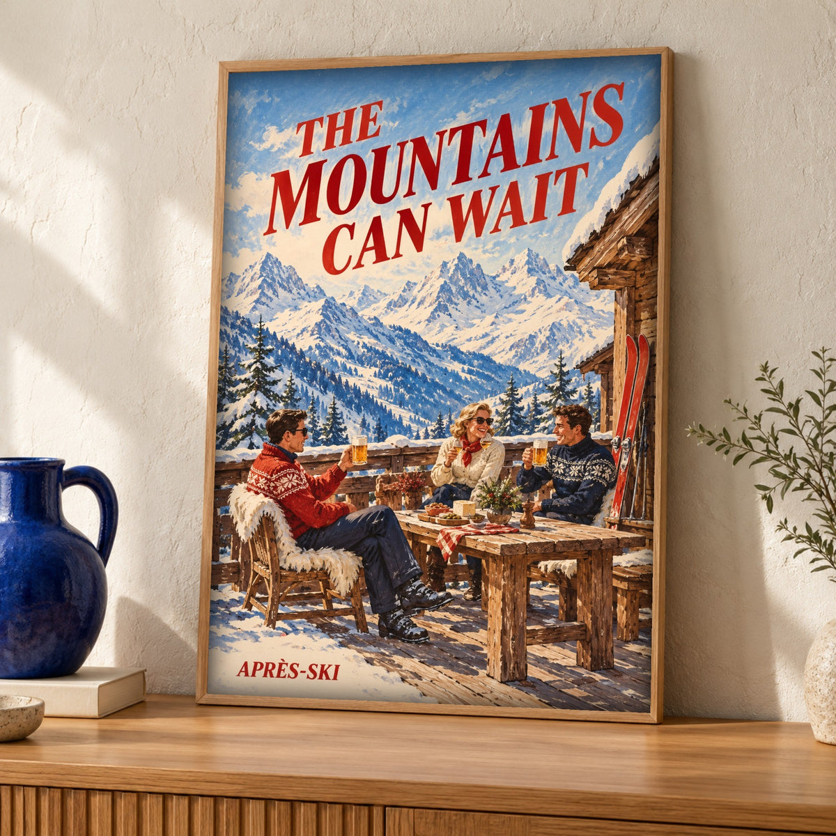 Retro travel poster — Alpine après-ski — Framed room mockup