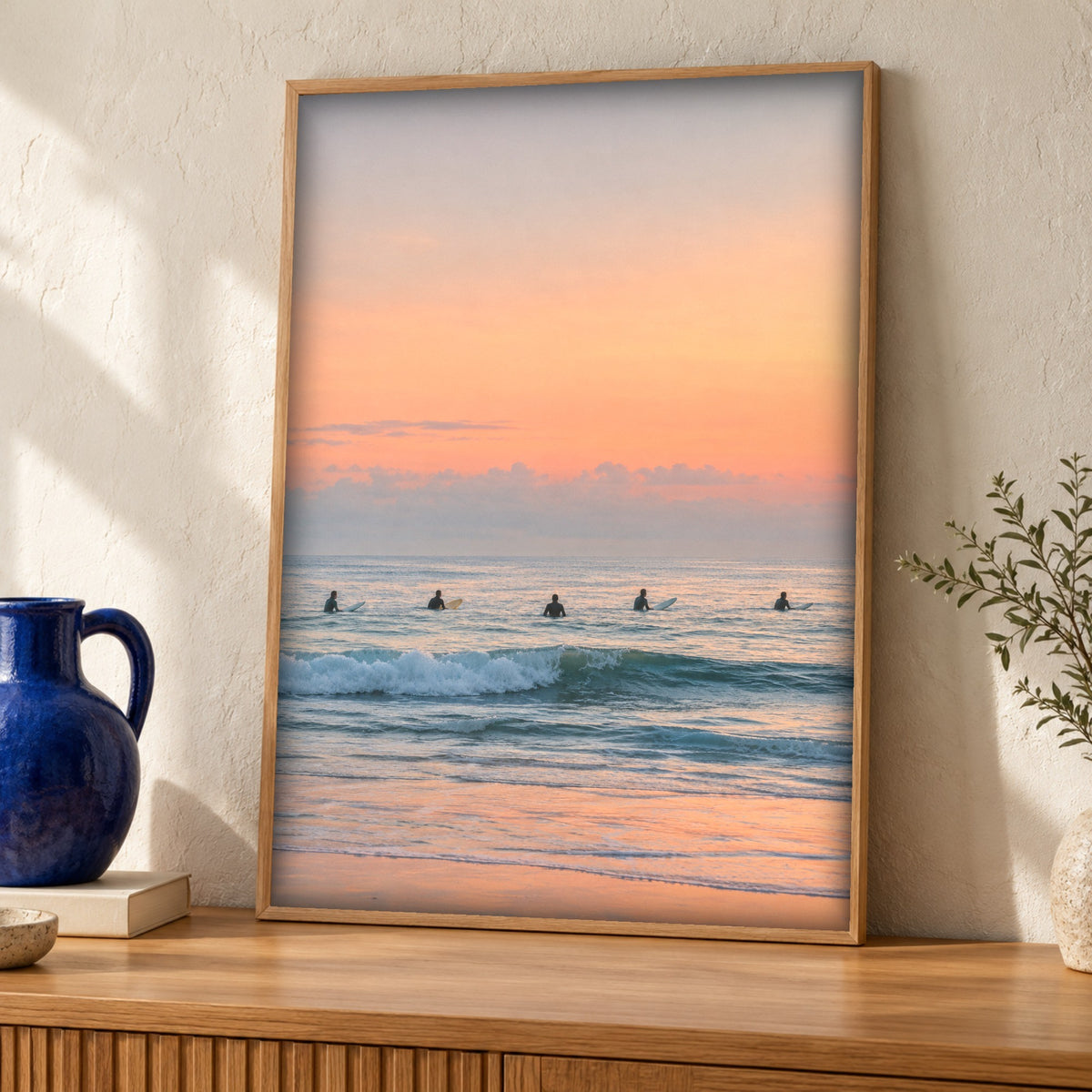 Coastal wall art — Sunset Surfers — Framed room mockup