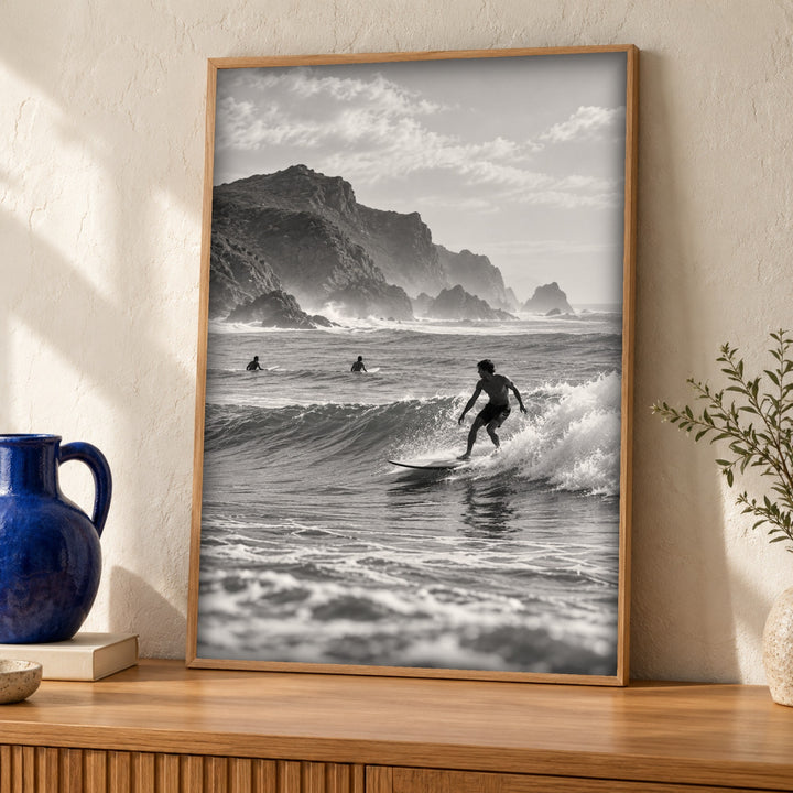Coastal print, Rocky coast surfing, Monochrome photography