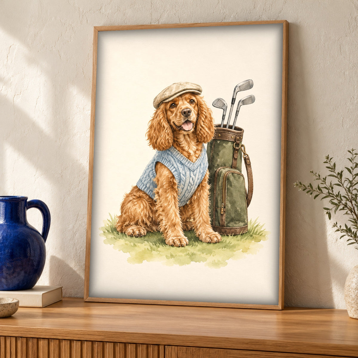 Dog wall art — Cocker Spaniel Golfer — Framed room mockup
