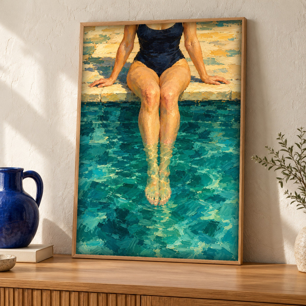 Poolside wall art — Seated swimmer — Framed room mockup