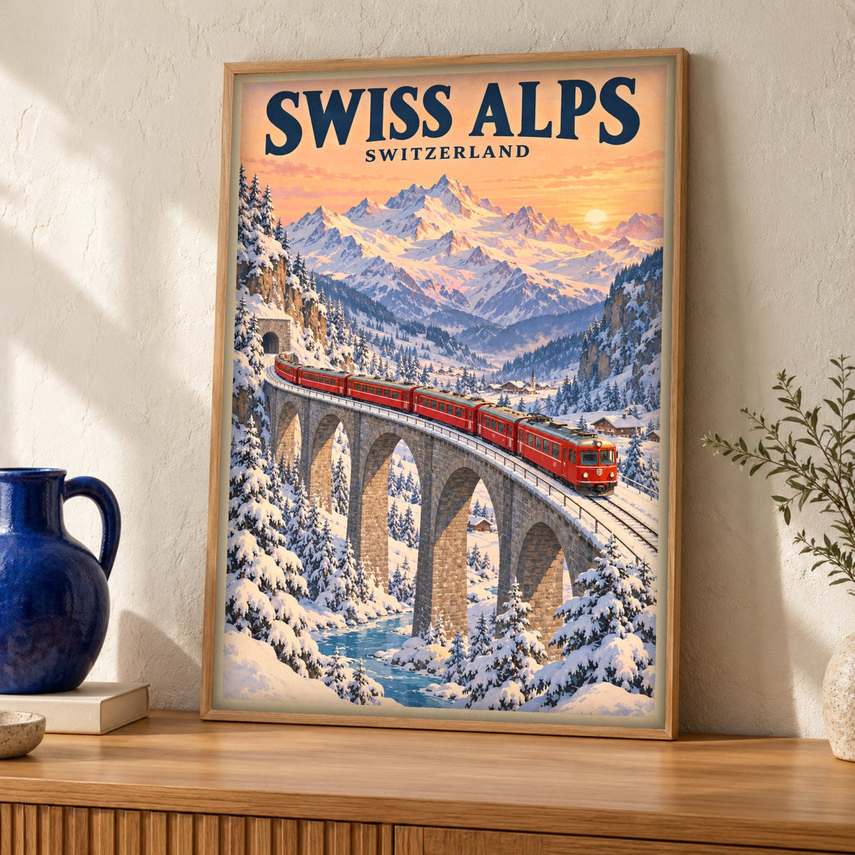 Swiss Alps poster — Switzerland’s Alpine Railway — Framed room mockup