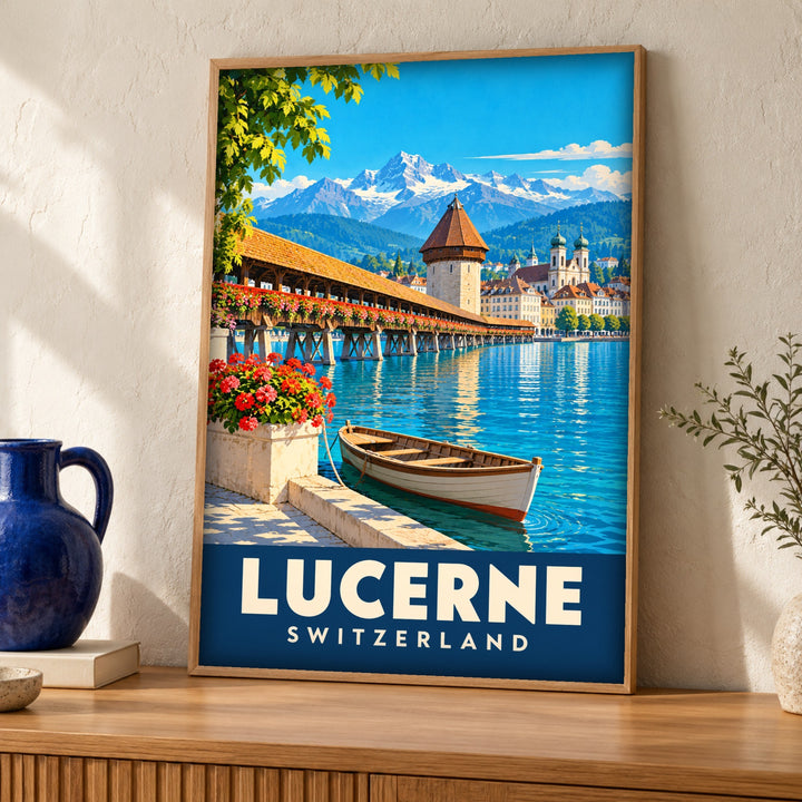 Retro travel poster, Lucerne Chapel Bridge, Swiss Decor