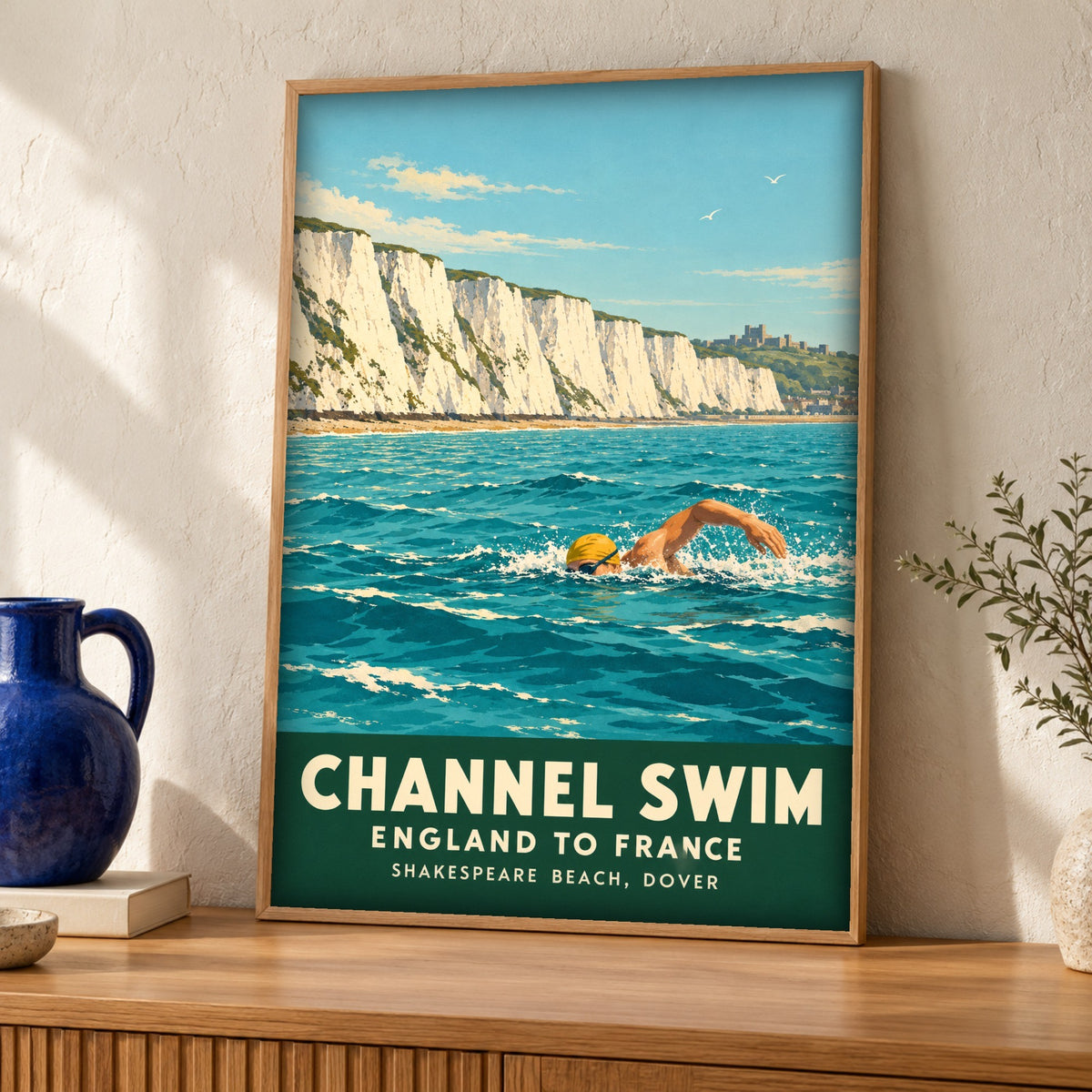 Coastal poster — English Channel Swim — Framed room mockup
