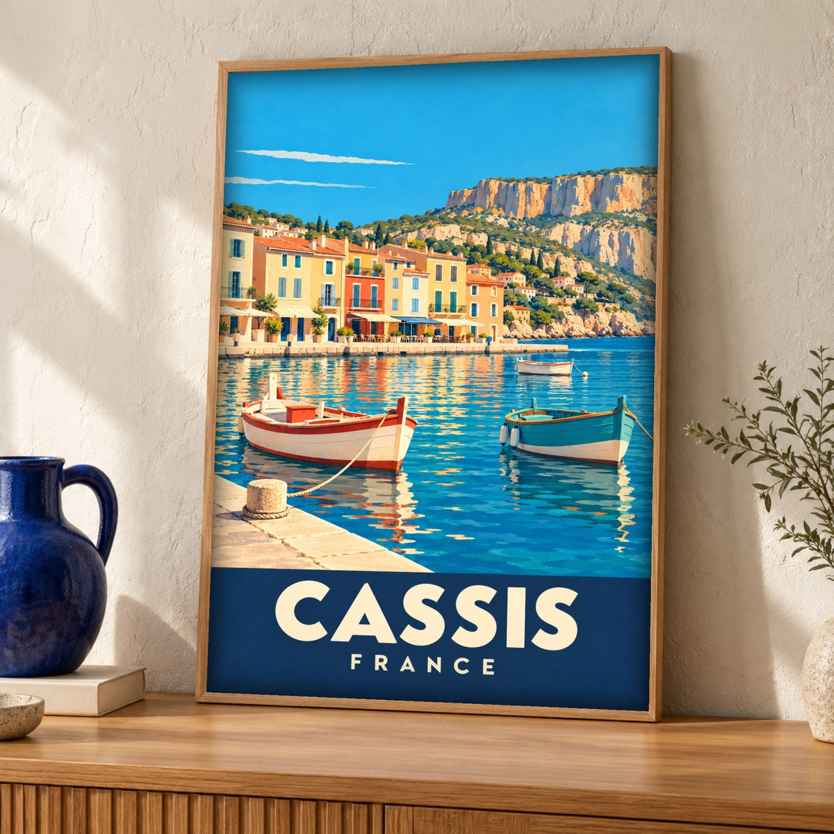 Retro travel poster — Cassis, France — Framed room mockup