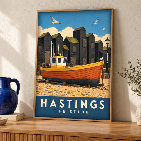 Coastal Poster — Hastings, The Stade — Framed room mockup