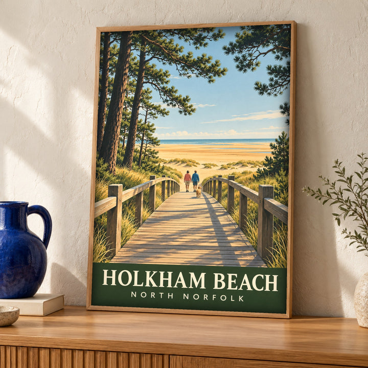 Coastal poster, Holkham Beach North Norfolk, retro travel print