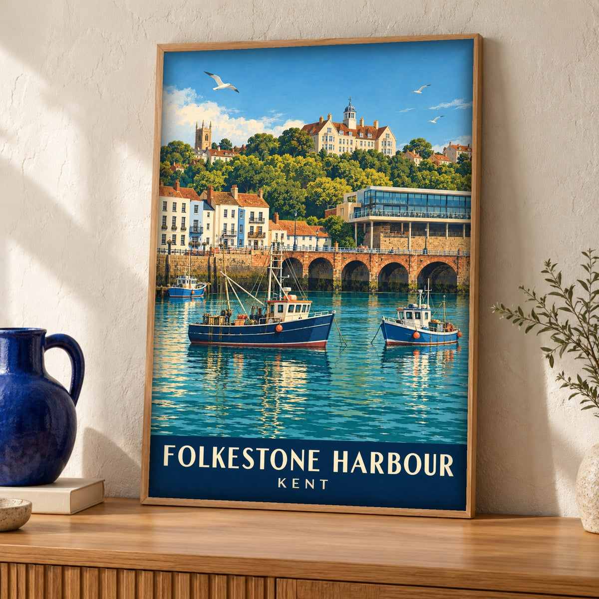 Retro Travel Poster — Folkestone Harbour, Kent — Framed room mockup