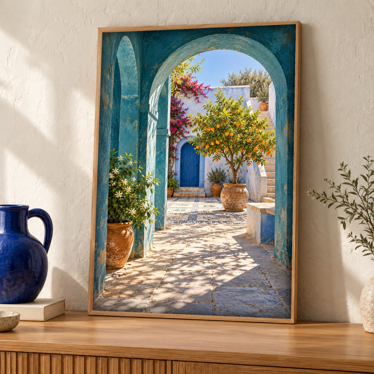 Mediterranean Print — Citrus Courtyard — Framed room mockup