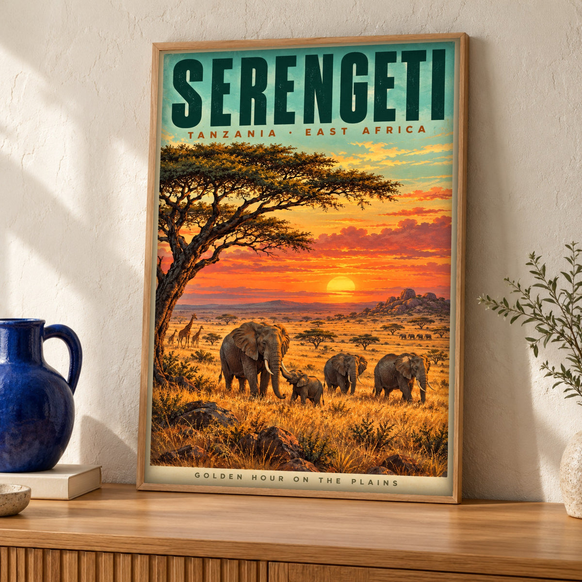 Serengeti poster — Golden Hour on the Plains — Framed room mockup