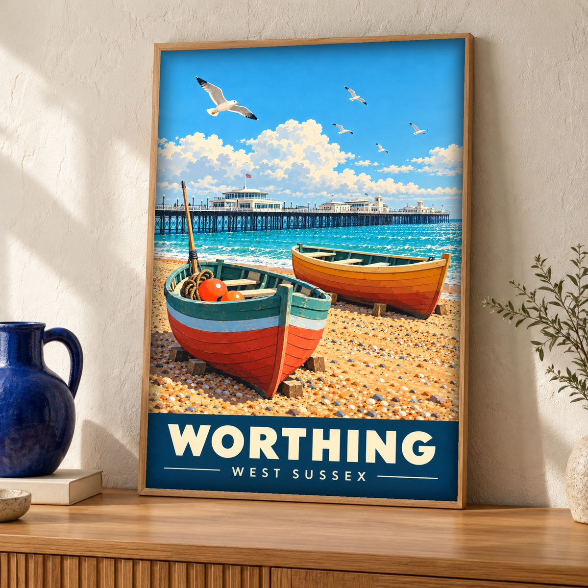Coastal poster — Worthing Pier, West Sussex — Framed room mockup