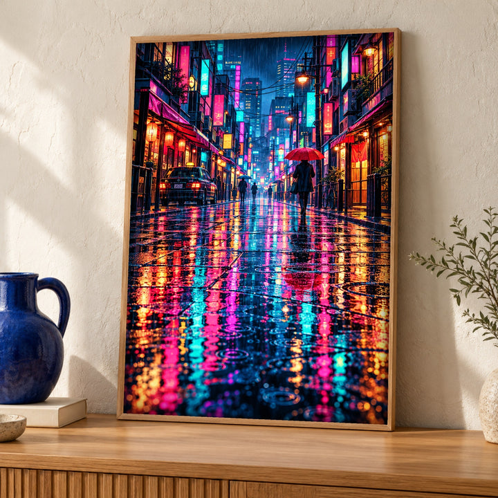 Tokyo poster, Rainy neon street, Japanese decor