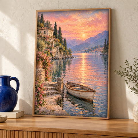Italy wall art — Lakeside Villa at Sunset — Framed room mockup