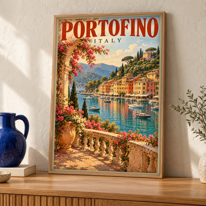 Retro travel poster, Portofino Italy, Coastal decor