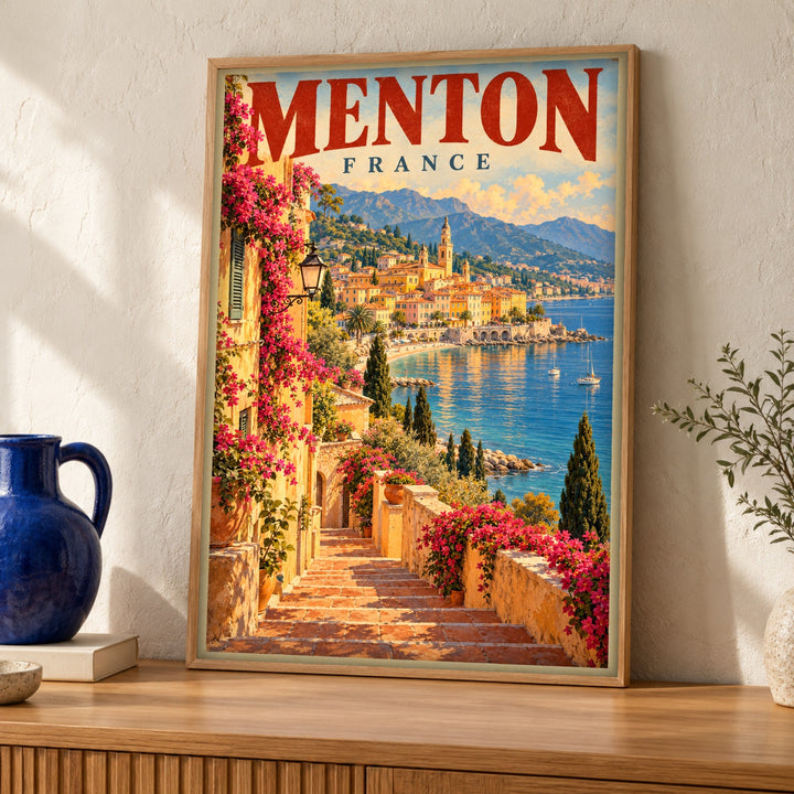 Retro travel poster, Menton France, Coastal wall art