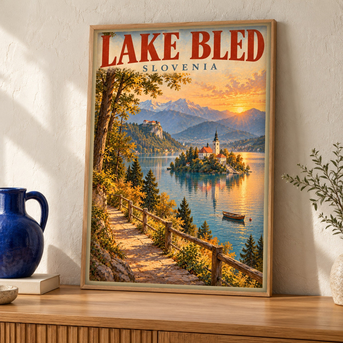 Lake Bled poster — Slovenia’s Island Church — Framed room mockup