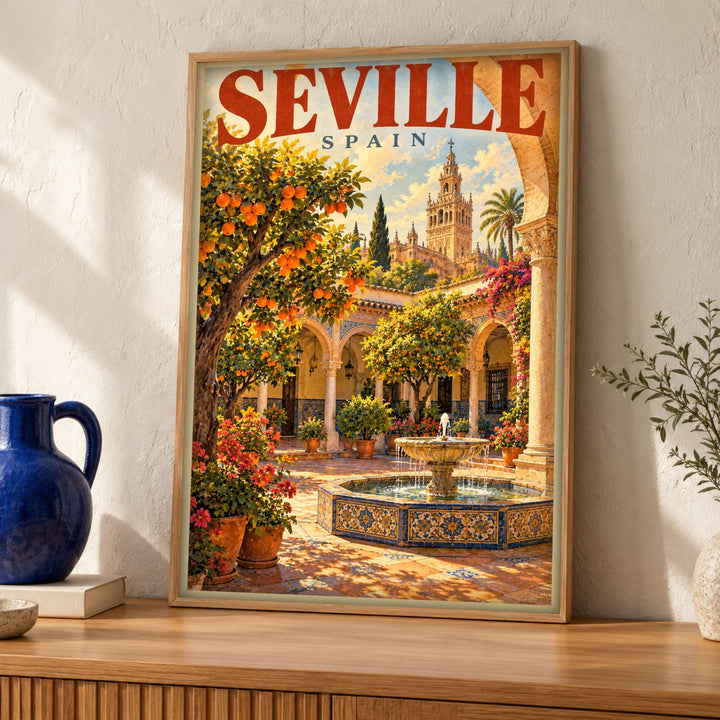 Retro travel poster, Seville Giralda, Spanish decor