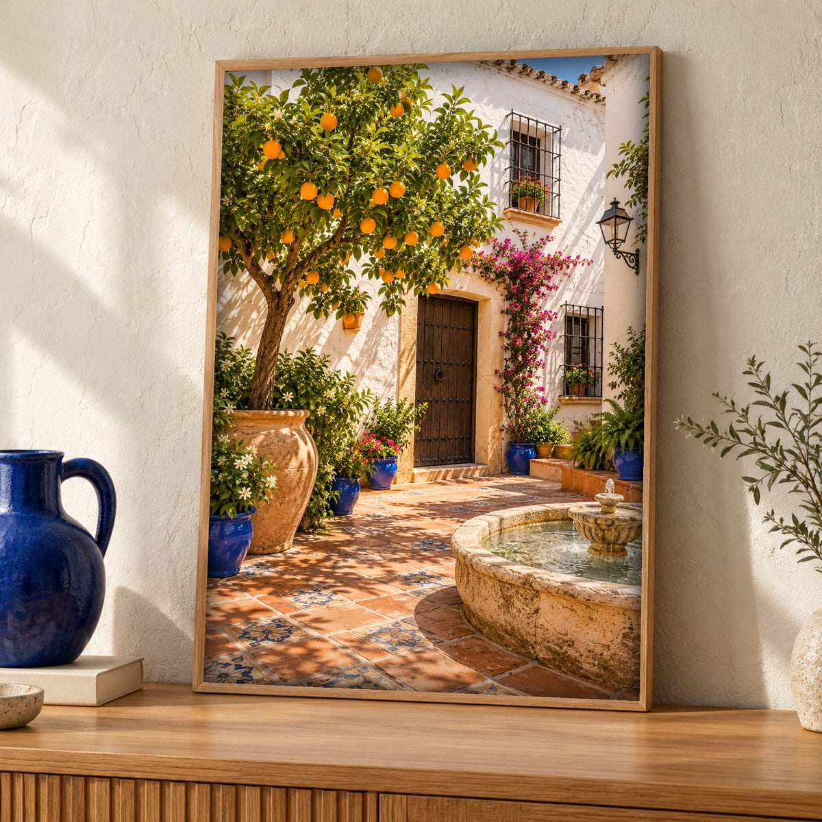 Courtyard wall art — Andalusian-inspired patio — Framed room mockup