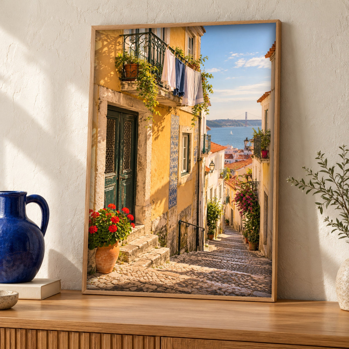 Lisbon wall art — Sunlit Steps above the Tagus — Framed room mockup