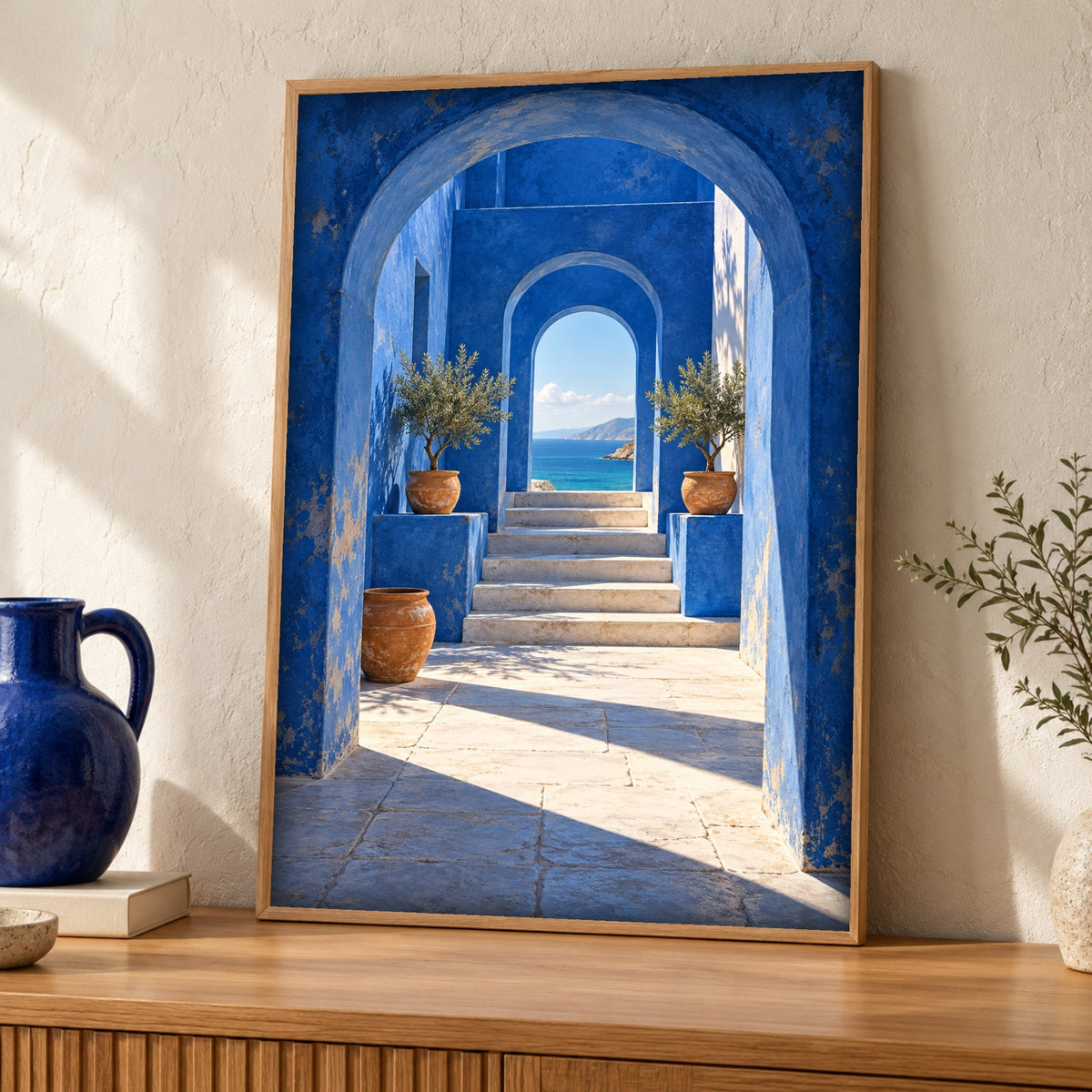 Coastal Wall Art — Mediterranean Blue Archway — Framed room mockup
