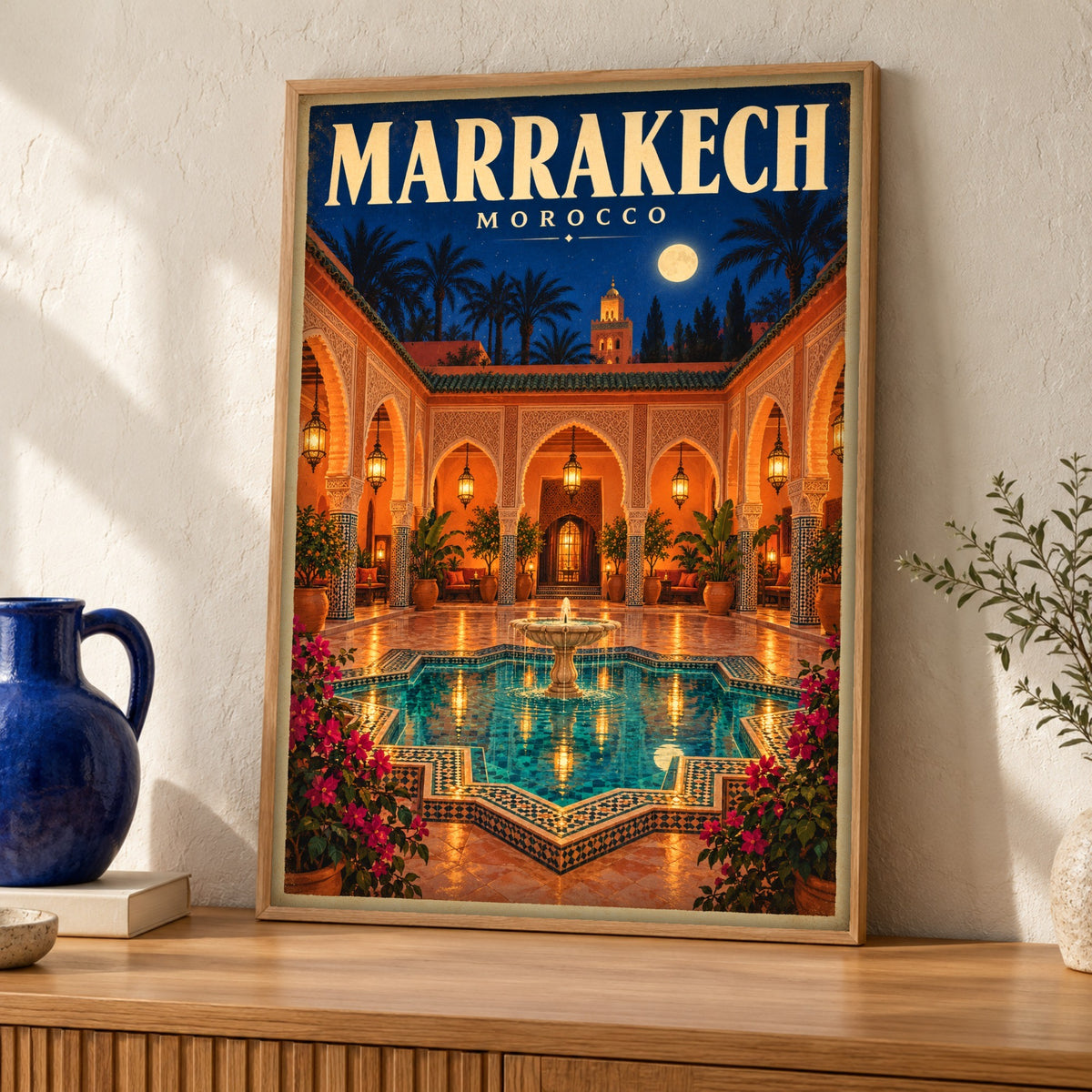 Marrakech Poster — Moonlit Moroccan Courtyard — Framed room mockup