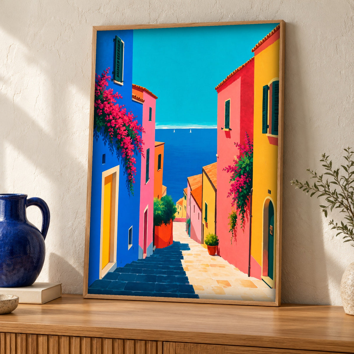 Coastal Print — Mediterranean Village — Framed room mockup