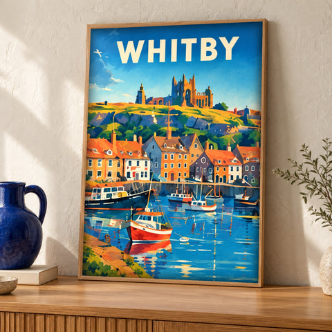 Yorkshire print — Whitby Harbour and Abbey — Framed room mockup