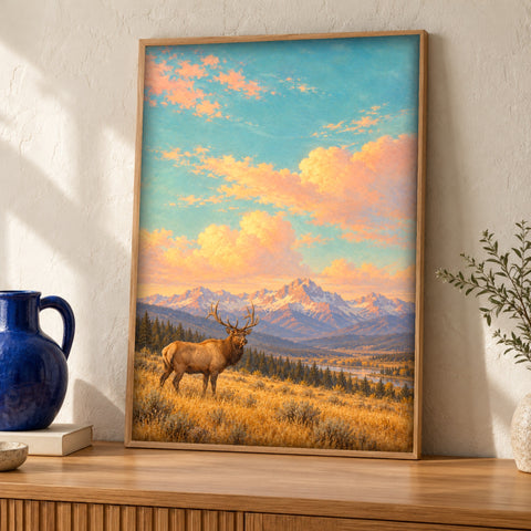 Mountain wall art — Elk beneath the Grand Tetons — Framed room mockup