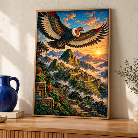 Inca wall art — Machu Picchu and the Andean Condor — Framed room mockup