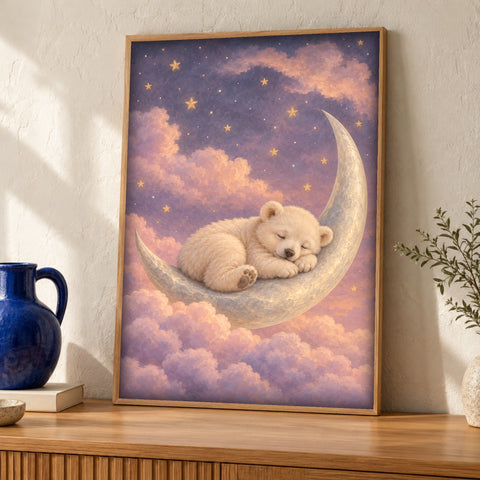 Bear nursery art — Sleeping Cub on a Crescent Moon — Framed room mockup