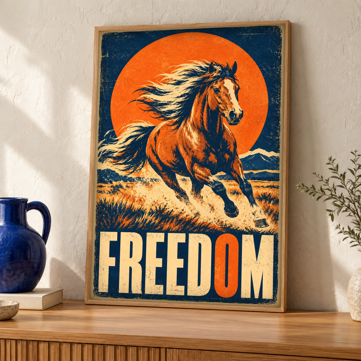 Western wall art — Freedom Horse — Framed room mockup