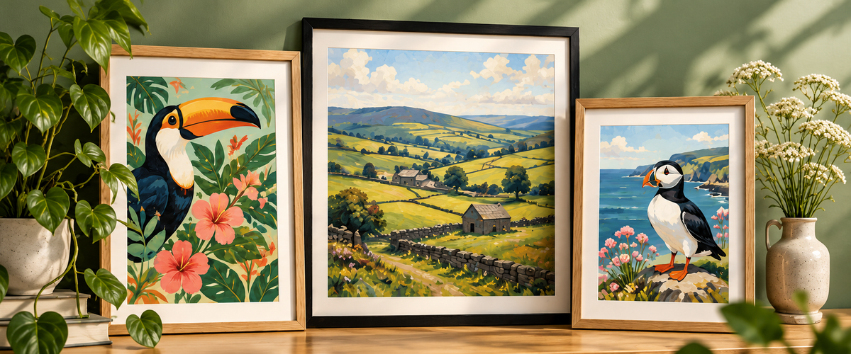 Framed toucan, Yorkshire countryside and puffin artwork